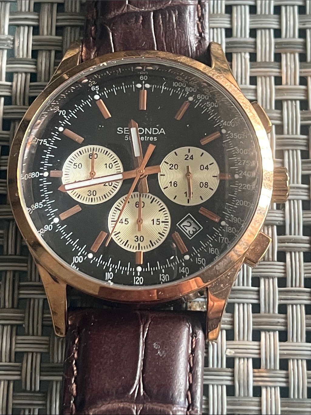 Mens Rose Gold Chronograph Watch With Black Dial And Brown Strap